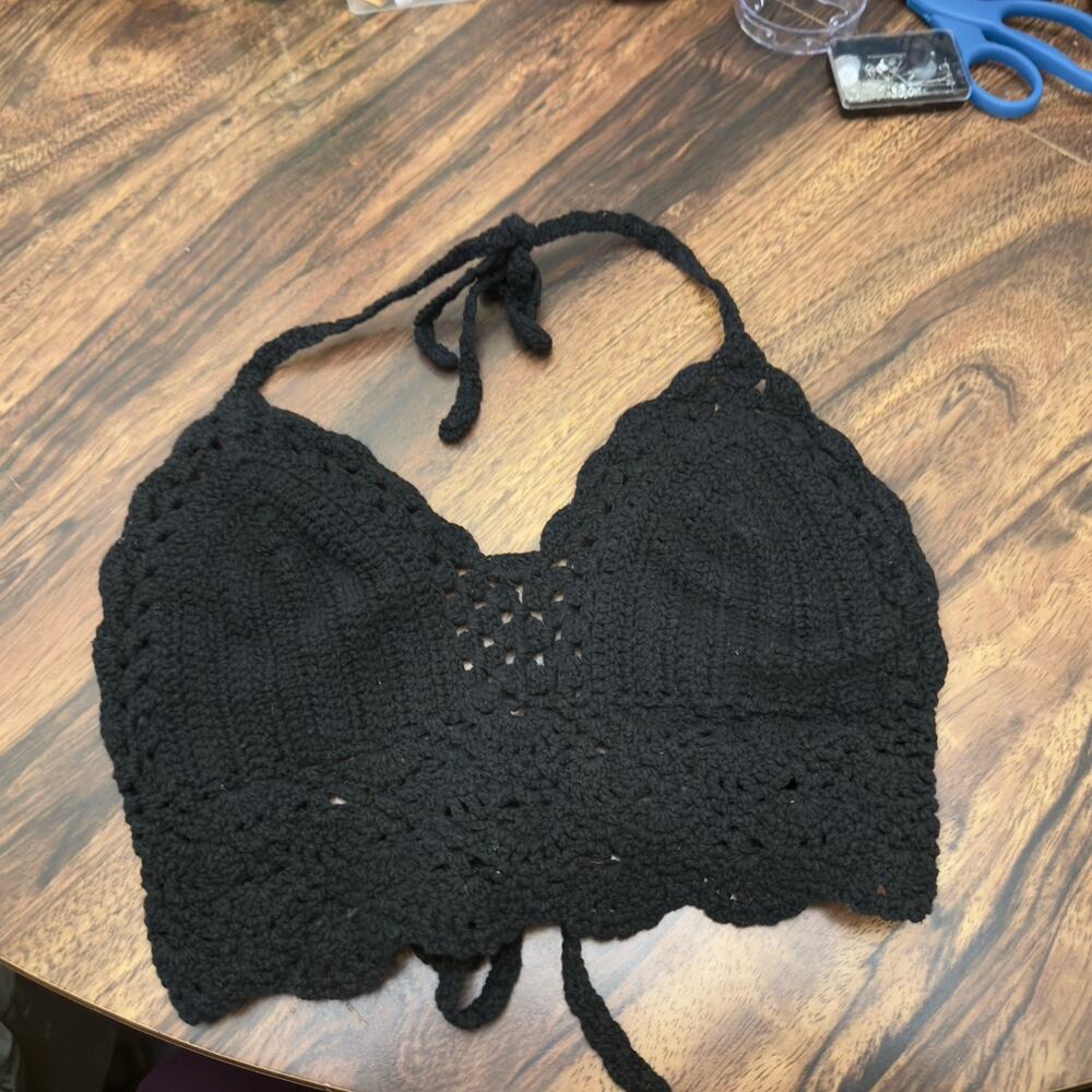 Whimsigoth Boho Festival Handmade Crochet Halter Top Black Lined Bralette XS S